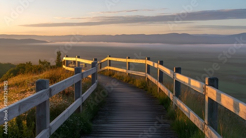 Peaceful Travel Destination Scene with Empty Walkway and Calm Morning Atmosphere