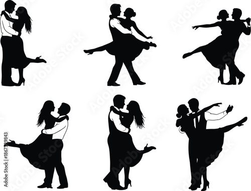 Dancing couples silhouette, romantic ballroom pose, elegant movement, black and white style, formal attire, expressive dance art - flat vector illustration