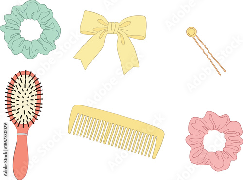 Hair accessories cartoon set with scrunchie, bow, comb, brush, styling tools, colorful grooming items - flat vector illustration