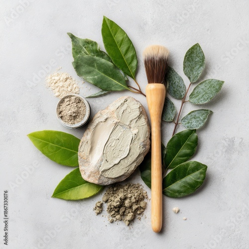 An organic skincare setup showcases natural wellness with a brush, clay, leaves, and various powders for a refreshing and rejuvenating beauty treatment session.