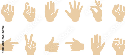 Hand gesture icon set with fist, open palm, pointing, OK sign, peace, thumbs up, symbolic signs - flat vector illustration