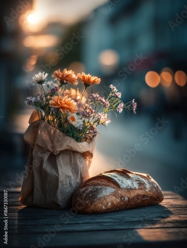 Fresh bread and colorful flowers arranged inside a reusable fabric bag rest on a rustic table, bathed in soft sunlight in an outdoor bakery setting.