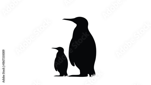 A large adult penguin stands protectively beside a smaller chick, symbolizing family and care