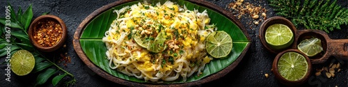 An overhead shot shows delicious Pad Thai noodles beautifully presented on a vibrant green banana leaf plate with fresh limes and spices around it for flavor.