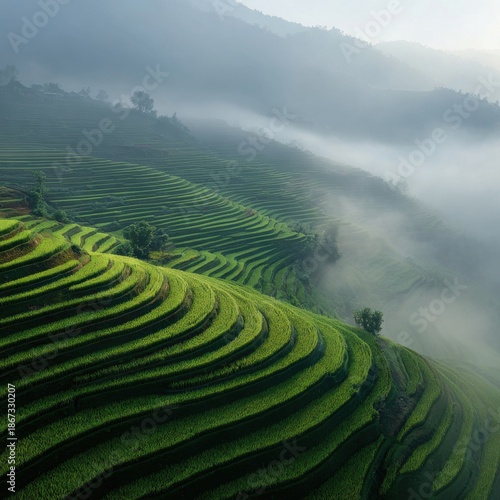 Lush green Thai rice terraces cascade down the mountainside, shrouded in a serene mist, creating a breathtaking landscape that showcases nature's artistry.