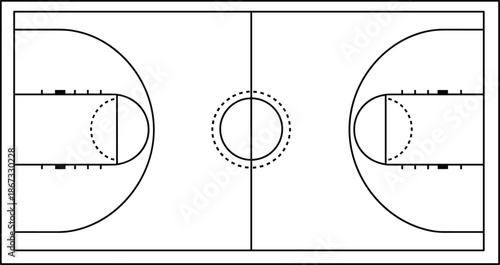 Basketball court diagram, full layout with markings, center circle, key areas, three-point lines, flat vector illustration