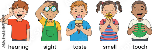 Set of five diverse children demonstrating the five human senses including hearing, sight, taste, smell, and touch, flat vector illustration.