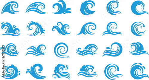 Blue wave icon grid, ocean splash symbols, water motion design, stylized curves and droplets, flat vector illustration