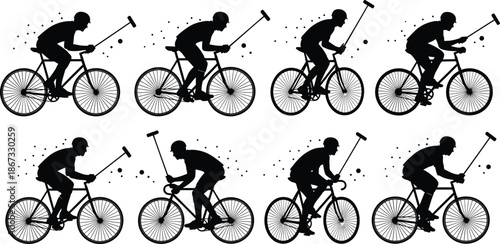 Bike polo silhouettes, cycling sport motion, mallet action sequence, rider posture grid, niche athletic theme, flat vector illustration