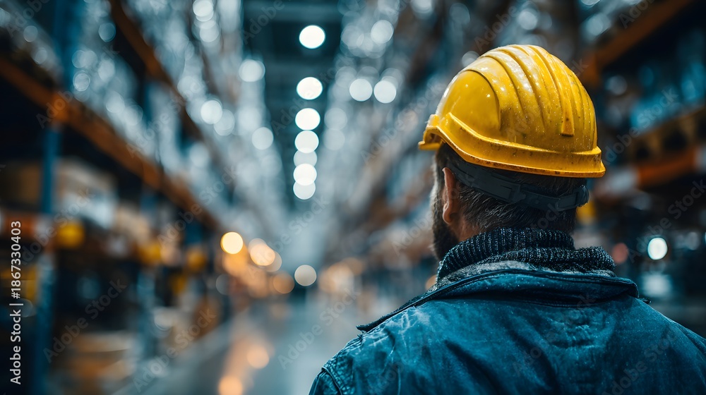 Naklejka premium Rear view of a factory worker wearing a blue uniform and yellow hard hat looking out over a vast industrial warehouse with shelving.