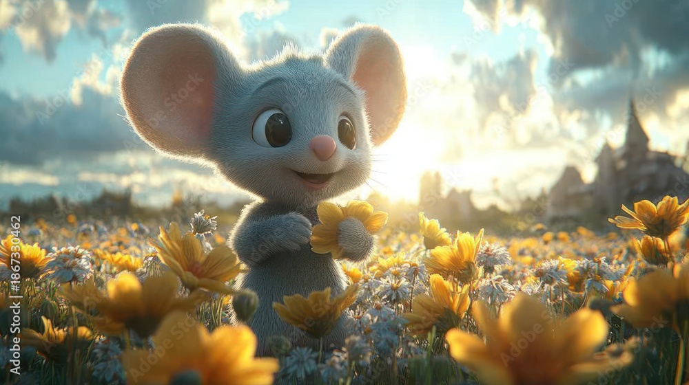 Naklejka premium Cute mouse in flower field, sunset backdrop
