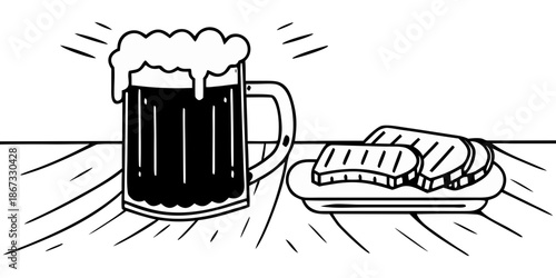 Beer mug with frothy head beside plate of sandwiches  