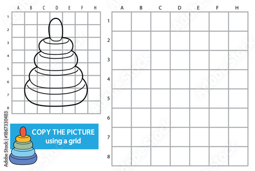 Kids worksheet with a cute stacking ring toy pyramid. Copy the picture using a grid activity for children. Black and white line art with empty grid for drawing practice, learning, education and fine m