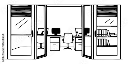 Office workspace with two computers and bookshelves in minimalist style  