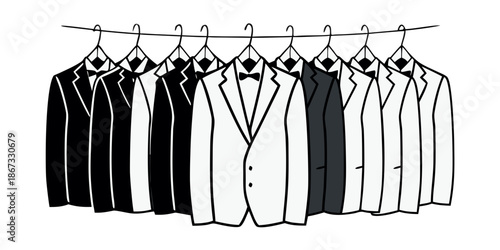 Collection of tuxedos in black and white hanging on hangers  