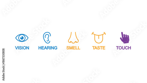 Five senses icons representing vision, hearing, smell, taste, and touch