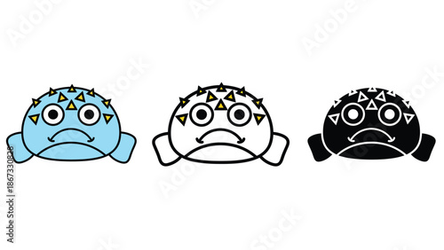Three stylized cartoon creatures with sad expressions and geometric patterns on their heads.