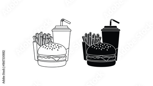 A colorful illustration of fast food items including burgers and drinks in different styles