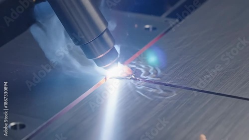 Precision Laser Cutting Process on Metallic Surface with Sparks and Blue Light
