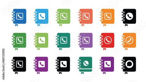 Collection of colorful address book icons with phone symbol, representing contacts and communication