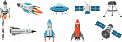 Set of flat space exploration icons with colorful rockets, UFO, orbital satellites, and lunar lander vector illustrations for science designs.