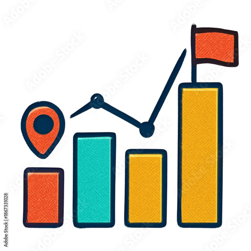 Business growth bar chart with upward trend line, progress graph with goal flag and location pin icon, flat design success concept