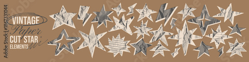 Vintage beige paper cut star elements with crumpled halftone texture. Bold irregular shapes with lined or grid patterns. Collage scrapbook magazine spark, lightning, twinkle silhouettes.