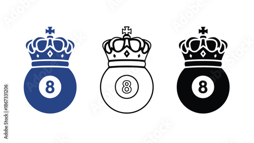 A set of three billiard balls with crowns on a white background