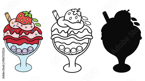 Sweet strawberry ice cream sundae with whipped cream and toppings