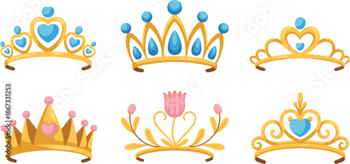 Set of golden princess crowns and tiaras with blue and pink gems, flat vector illustration for girls birthday and royalty.