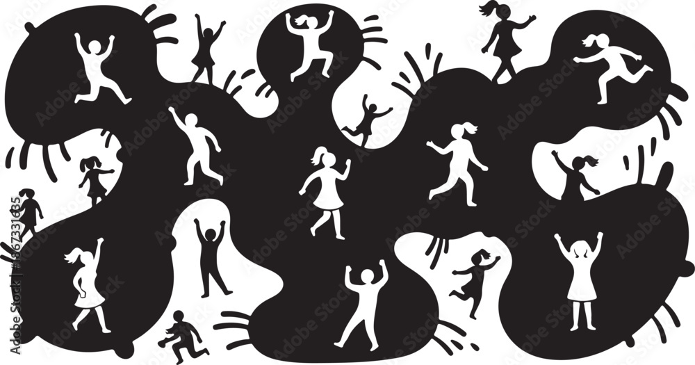 Obraz premium Silhouette of people dancing and jumping together happily