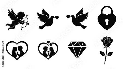 Black silhouettes of love symbols including cherub doves heart shapes lock rose and diamond white with romance with valentine Silhouette vector on whit Background
