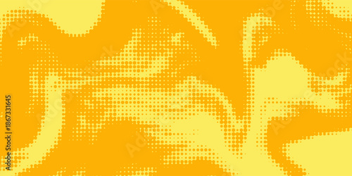 Yellow halftone pattern. Retro comic gradient background. Bright orange pixelated dotted texture overlay. Cartoon pop art faded gradient pattern. Vector backdrop for poster, banner, advertisement
