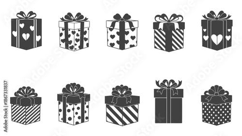 Black and white gift boxes with bows and various patterns a white for birthday and holiday celebrations white with presents Silhouette vector on whit Background