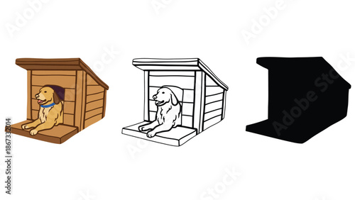 Golden retriever dog resting inside a wooden dog house, presented in color, line art, and silhouette.