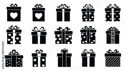 Black gift boxes with various designs and patterns white white with gift box icons and gift wrapping and presents with gifts Silhouette vector on whit Background