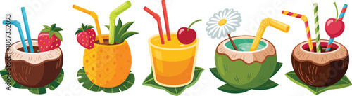 Set of Refreshing Summer Tropical Drinks in Coconut and Pineapple Shells With Straws and Fruits in Cute Cartoon Vector Illustration