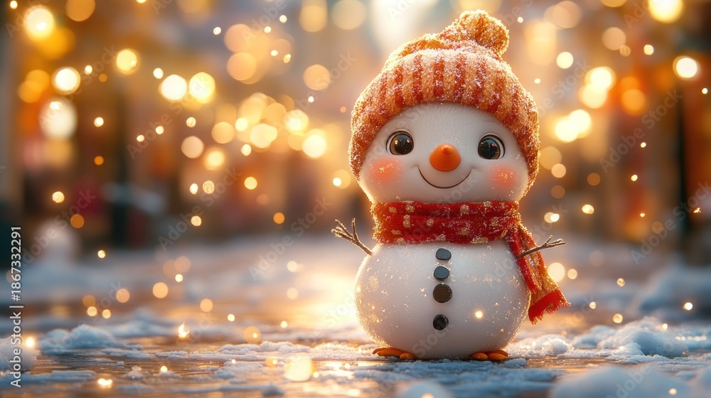 Obraz premium Cute snowman in winter scene with lights