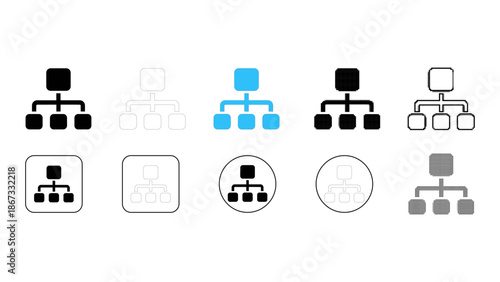 Set of organizational chart icons, hierarchy diagram symbols, network structure and relationship flow in various styles