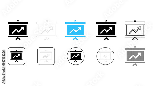 Set of presentation screen icons with upward trending line graph, various styles including solid, outline, filled, and f