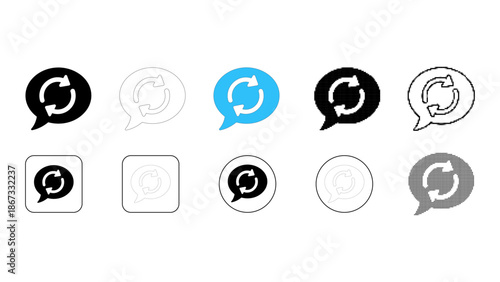 Set of refresh or reload icons inside speech bubbles and shapes, various styles including solid, outline, and colored