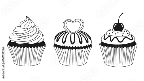 Three cupcakes with different toppings and decorations white white with desserts and sweets and pastry and baking with food Silhouette vector on whit Background