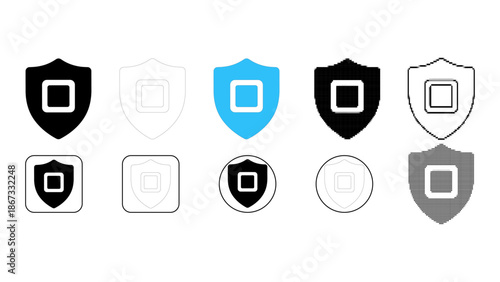 Set of shield icons with a square inside, various styles including solid, outline, and colored versions, representing se