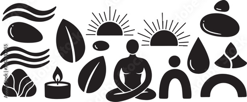 Meditation and nature symbols in black and white