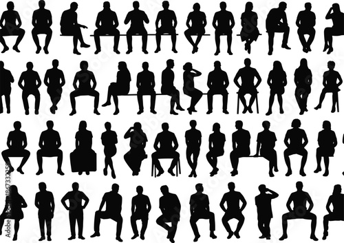 Sitting people silhouettes set, male female poses, black human figures collection, seated posture variations, isolated on white background, vector illustration