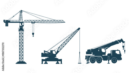 Three blue construction cranes on a white background for industrial or engineering concepts