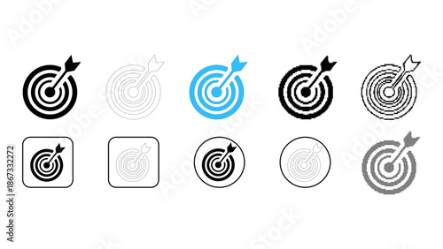 Set of target and arrow icons in various styles solid, outline, blue, and dotted variations for goal achievement concept