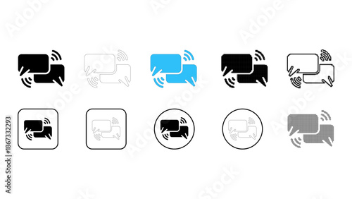 Set of ten different styles of communication or chat icons, featuring overlapping speech bubbles with wireless signal wa