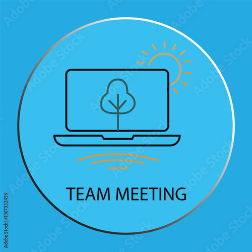 Online Team Meeting Icon with Laptop and Eco-Friendly Tree Symbol on Blue Background.