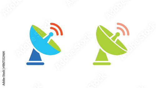 A colorful illustration of two satellite dishes with signal waves on a white background